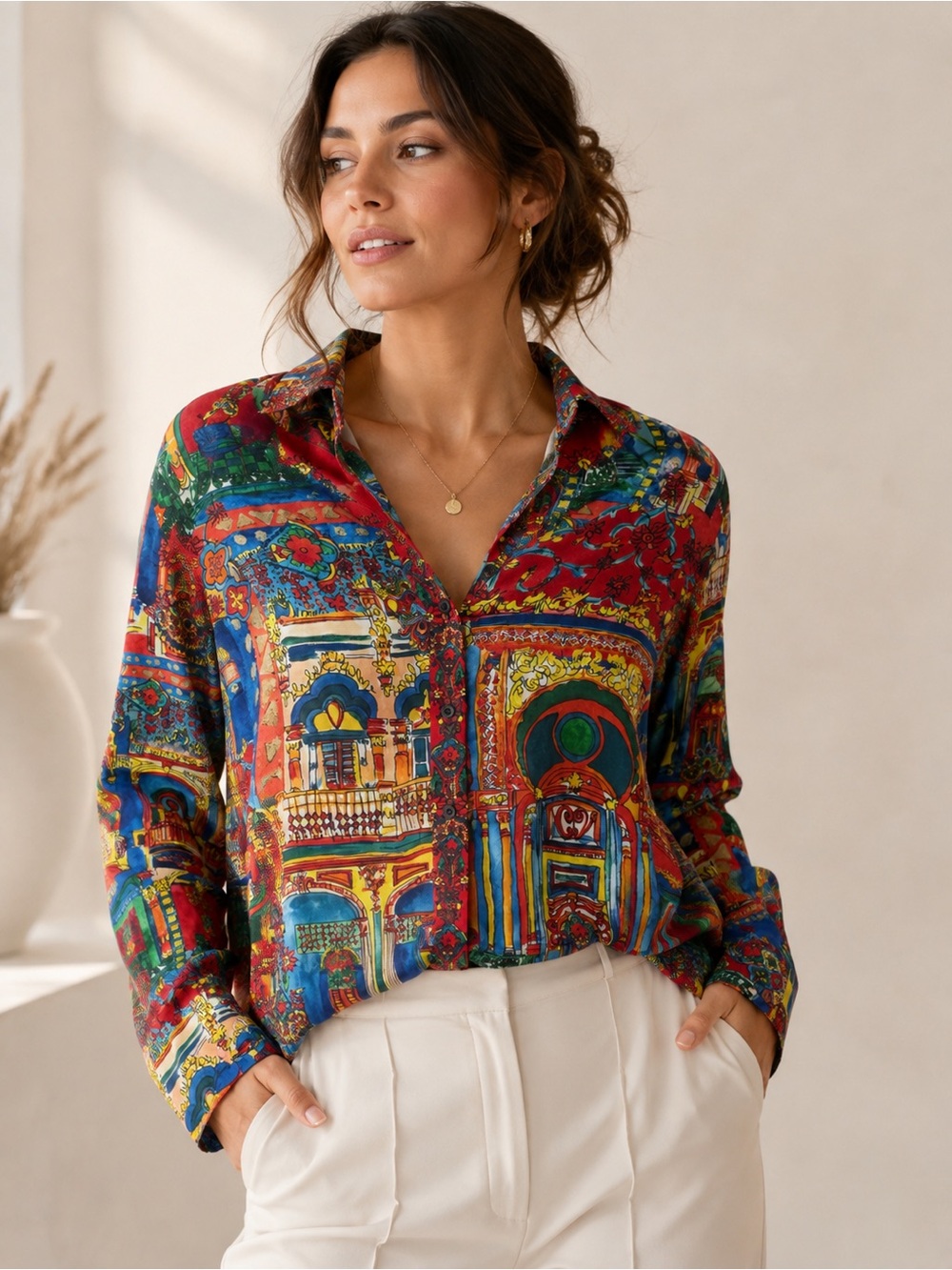 Alice + Olivia Silk Multicolor Scenic Print Button Front Blouse US M